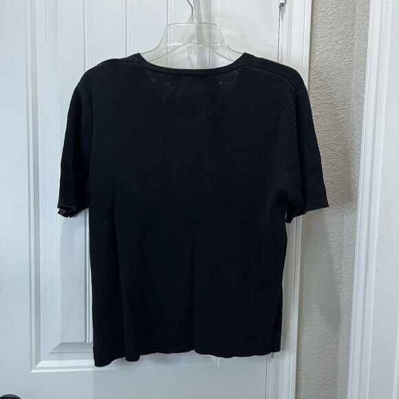 Vintage Worthington Eyelet Black Button Up Short Sleeve Knit Top Womens Size L - Picture 6 of 9